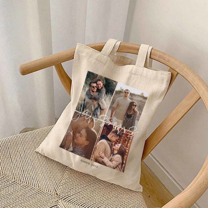 Gepersonaliseerde tote bag met 4 foto’s en tekst